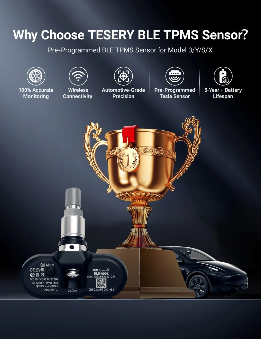 Tire Pressure Monitoring System (TPMS) for Tesla Model S/3/X/Y – Bluetooth (Set of 4 Sensors)