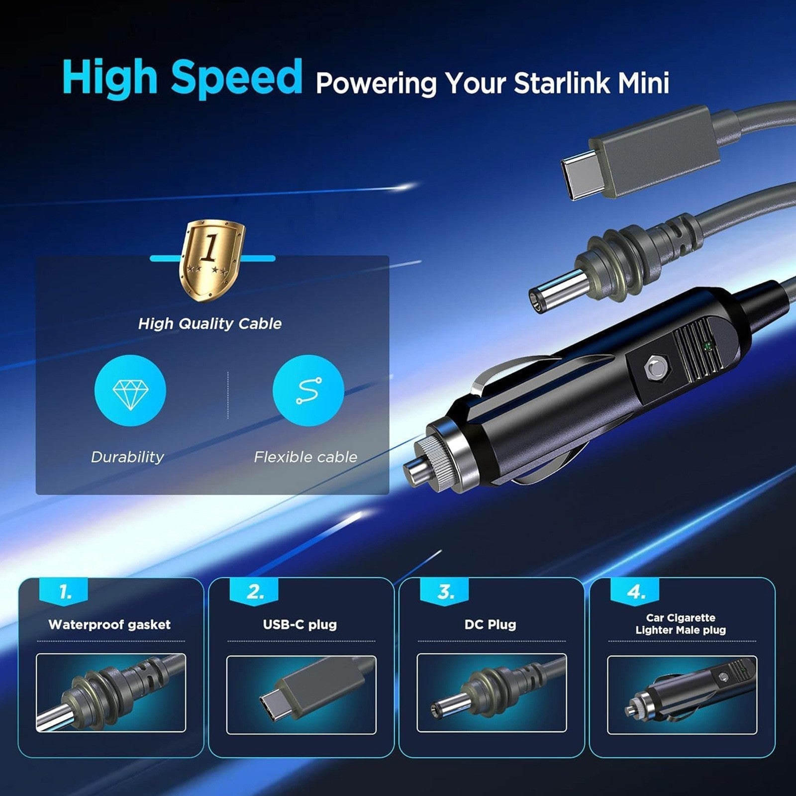3-in-1 Car Charging Power Cable for Starlink Mini