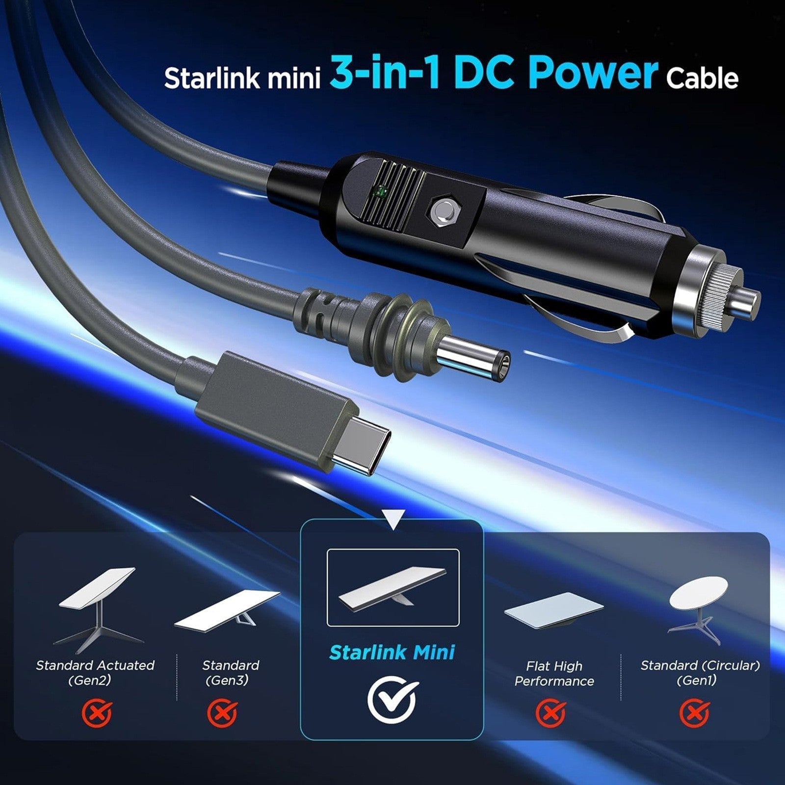 3-in-1 Car Charging Power Cable for Starlink Mini