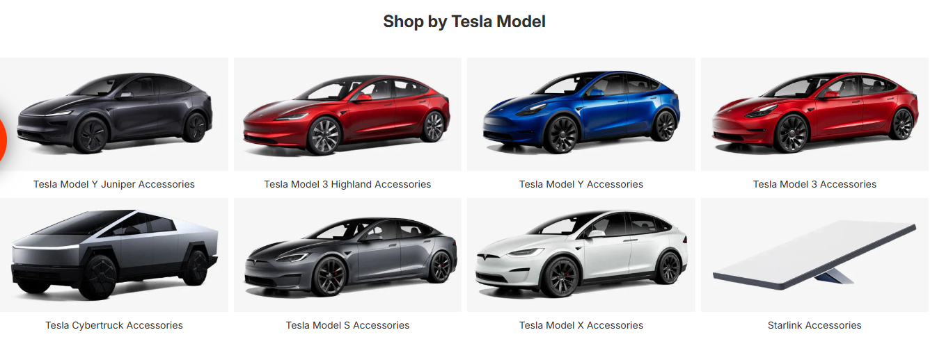 Shop by Tesla Model - Model Y Juniper, Model 3 Highland, Model Y, Model 3, Cybertruck, Model S, Model X and Starlink