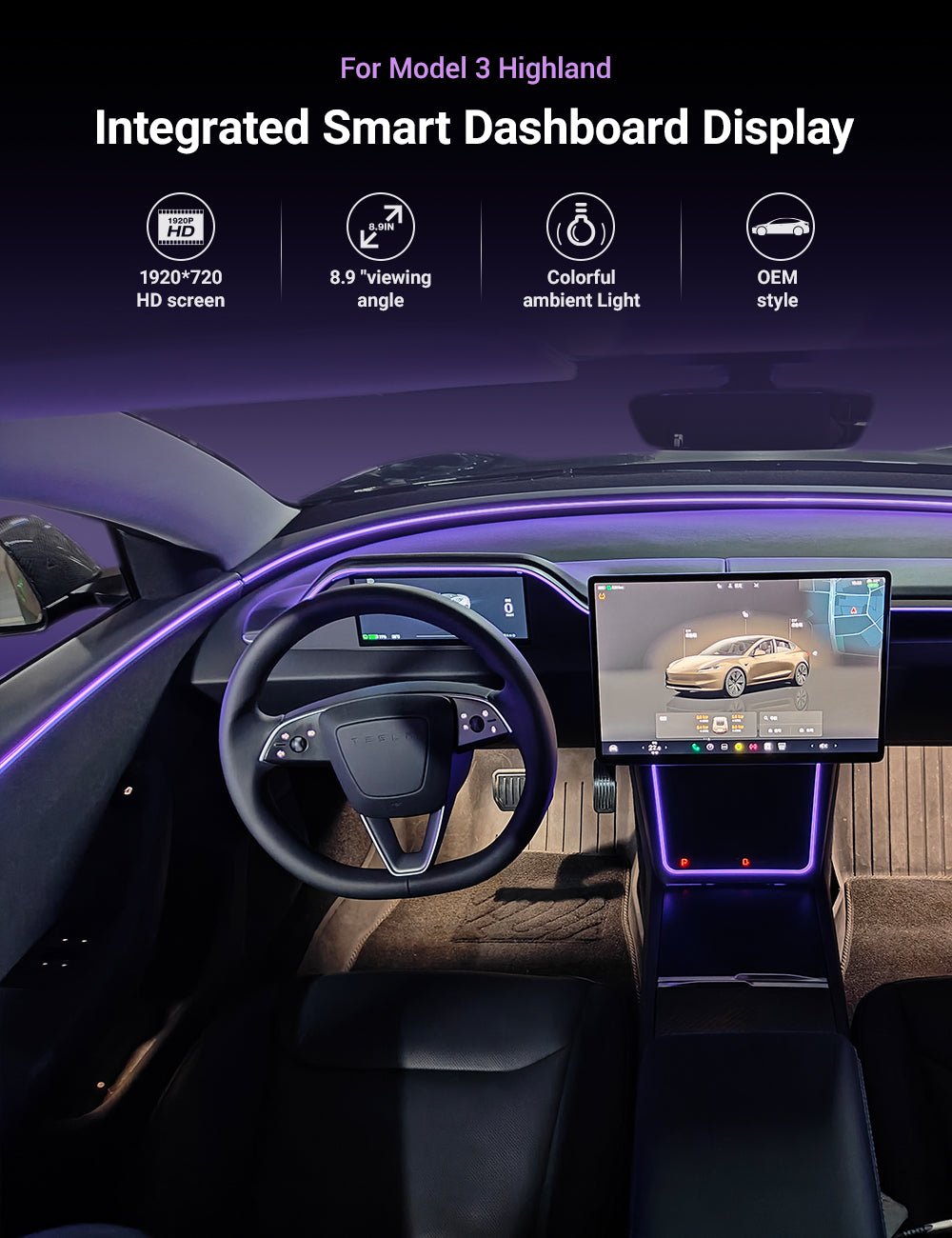 8.9'' Integrated Dashboard Display with Ambient Lighting for Tesla Model 3 / Y
