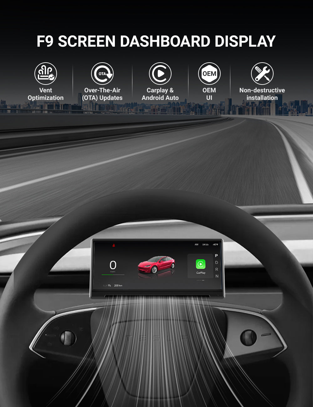 9 Inch Screen Dashboard Display With Carplay & Android Auto for Tesla Model 3 / Model Y