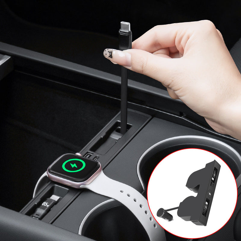 USB Hub with Built-in Apple Watch Wireless Charger for Tesla Model 3 Highland & Model Y Juniper