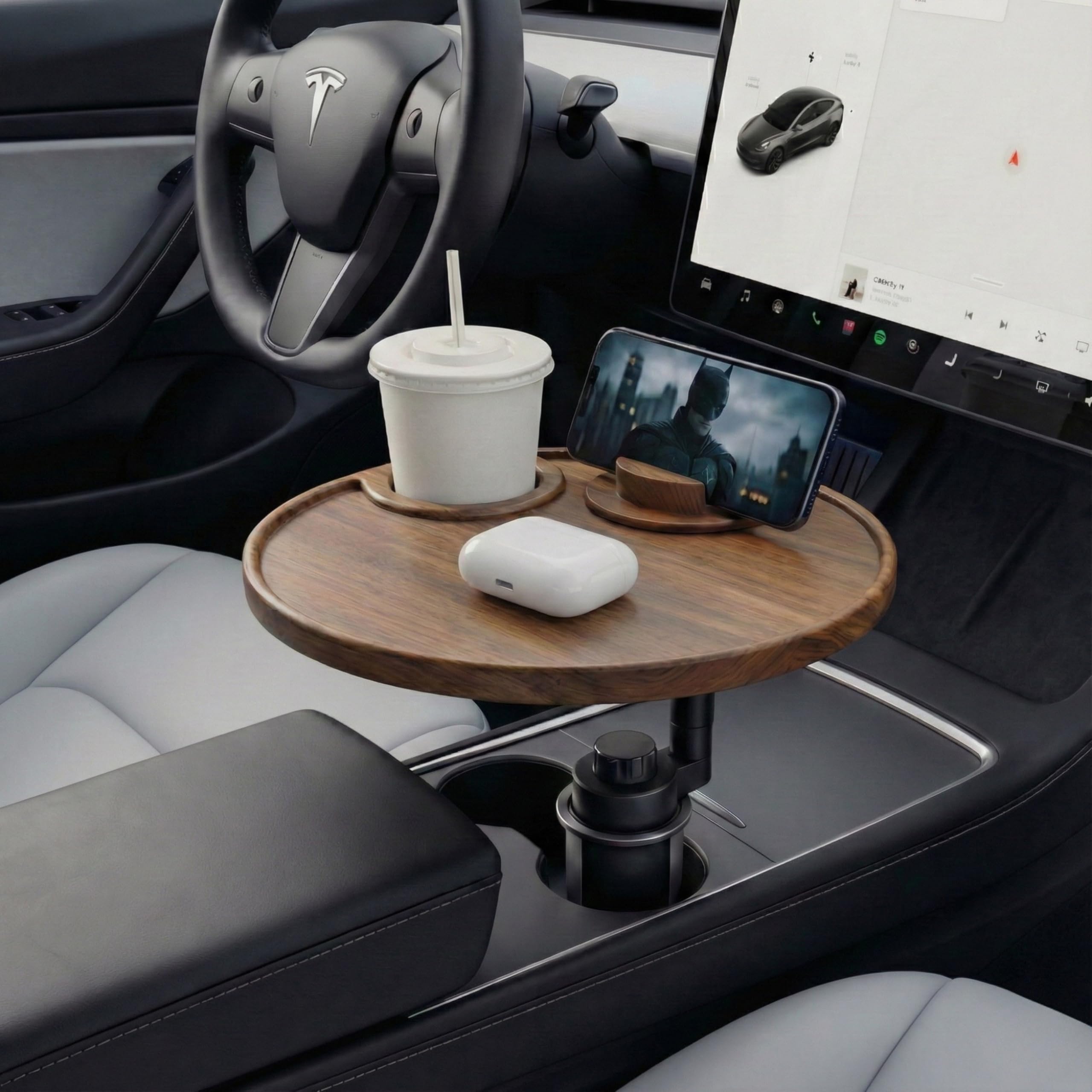 Solid Wood Floating Table for Tesla's Front and Rear Cup Holders