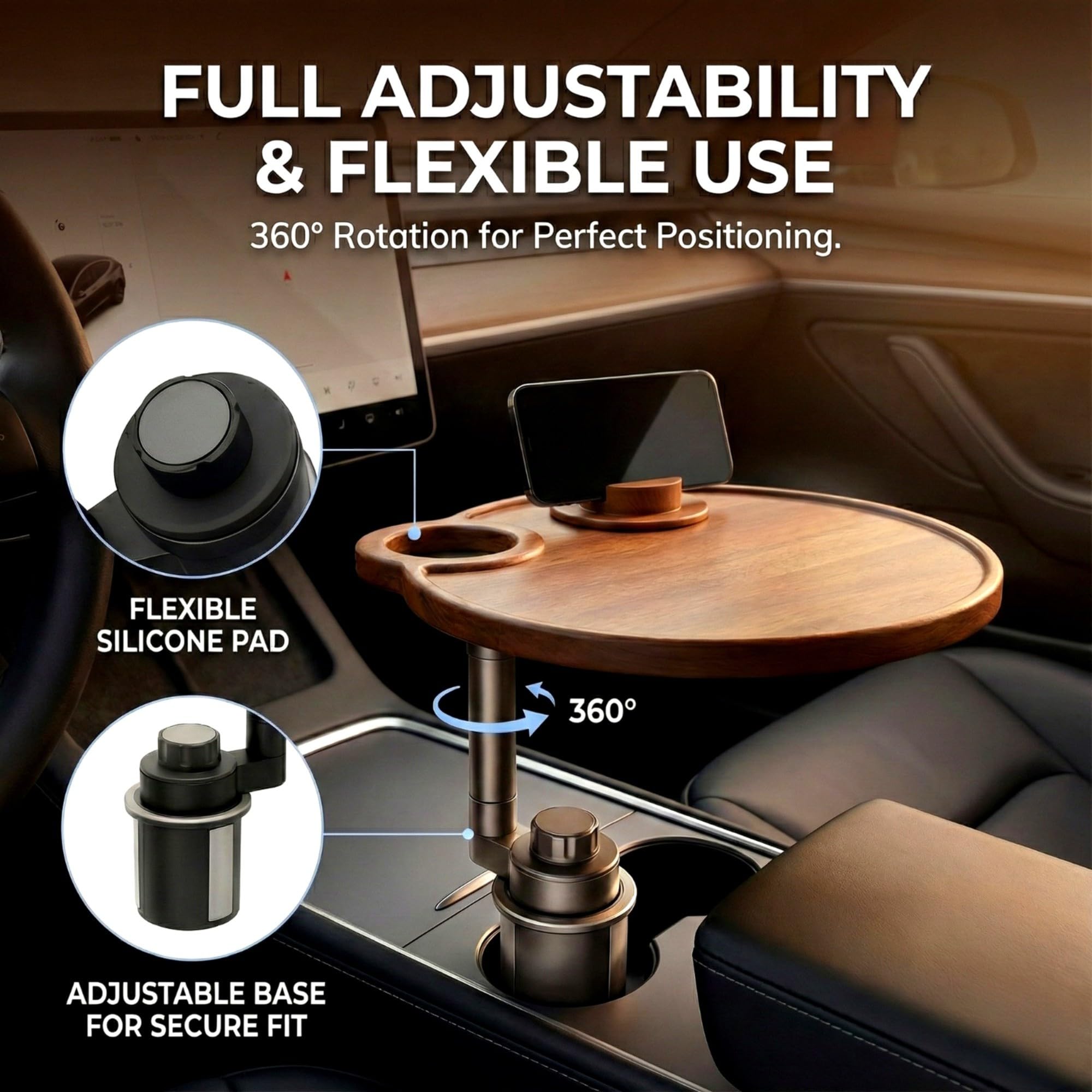 Solid Wood Floating Table for Tesla's Front and Rear Cup Holders