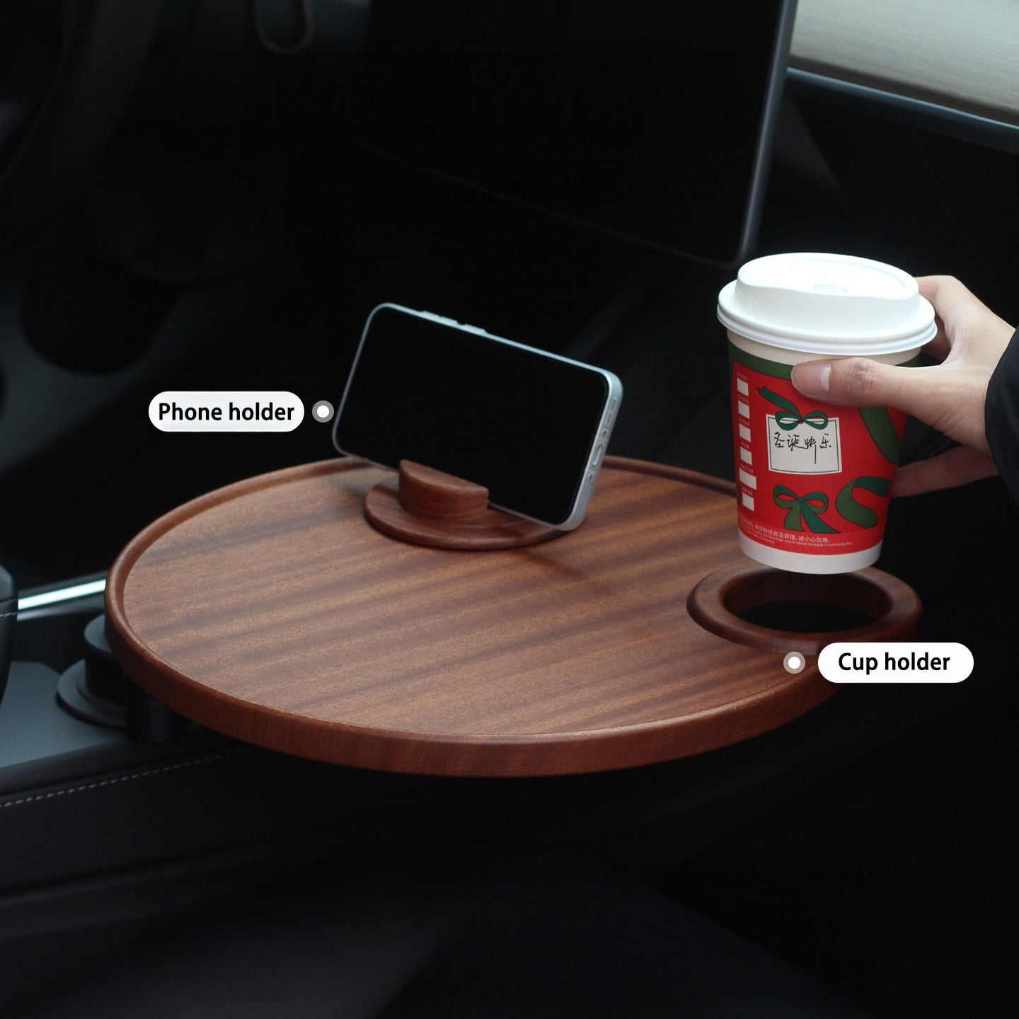 Solid Wood Floating Table for Tesla's Front and Rear Cup Holders