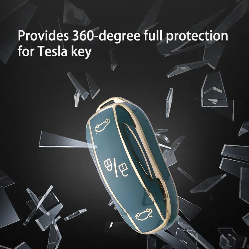 TPU Key Fob Cover for Tesla Model 3/Y/X/S – Full Protection, Fashionable Gold-Rimmed Design