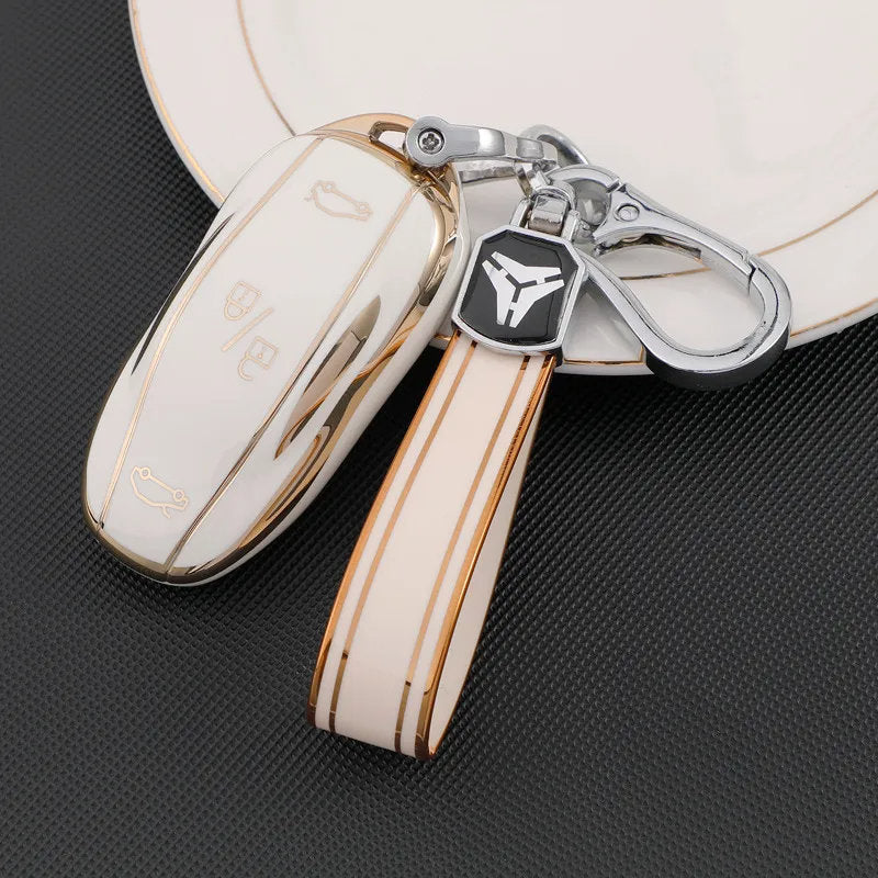 TPU Key Fob Cover for Tesla Model 3/Y/X/S – Full Protection, Fashionable Gold-Rimmed Design