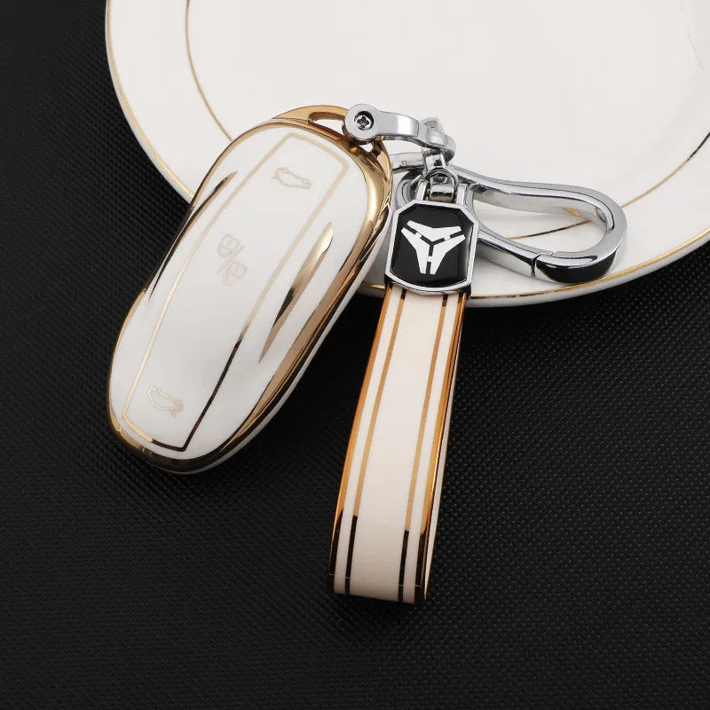 TPU Key Fob Cover for Tesla Model 3/Y/X/S – Full Protection, Fashionable Gold-Rimmed Design