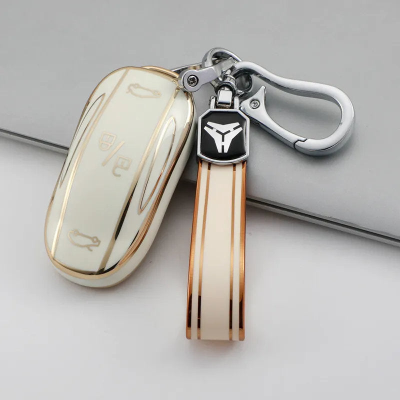TPU Key Fob Cover for Tesla Model 3/Y/X/S – Full Protection, Fashionable Gold-Rimmed Design