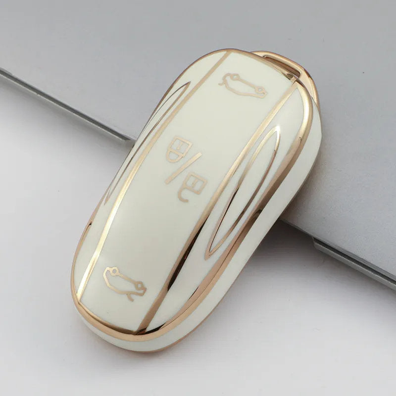 TPU Key Fob Cover for Tesla Model 3/Y/X/S – Full Protection, Fashionable Gold-Rimmed Design