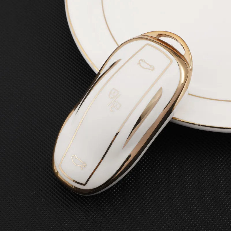 TPU Key Fob Cover for Tesla Model 3/Y/X/S – Full Protection, Fashionable Gold-Rimmed Design