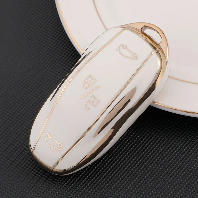 TPU Key Fob Cover for Tesla Model 3/Y/X/S – Full Protection, Fashionable Gold-Rimmed Design