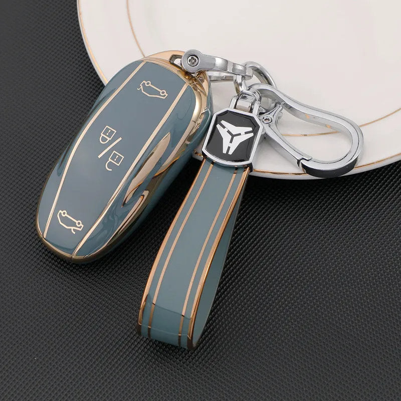 TPU Key Fob Cover for Tesla Model 3/Y/X/S – Full Protection, Fashionable Gold-Rimmed Design