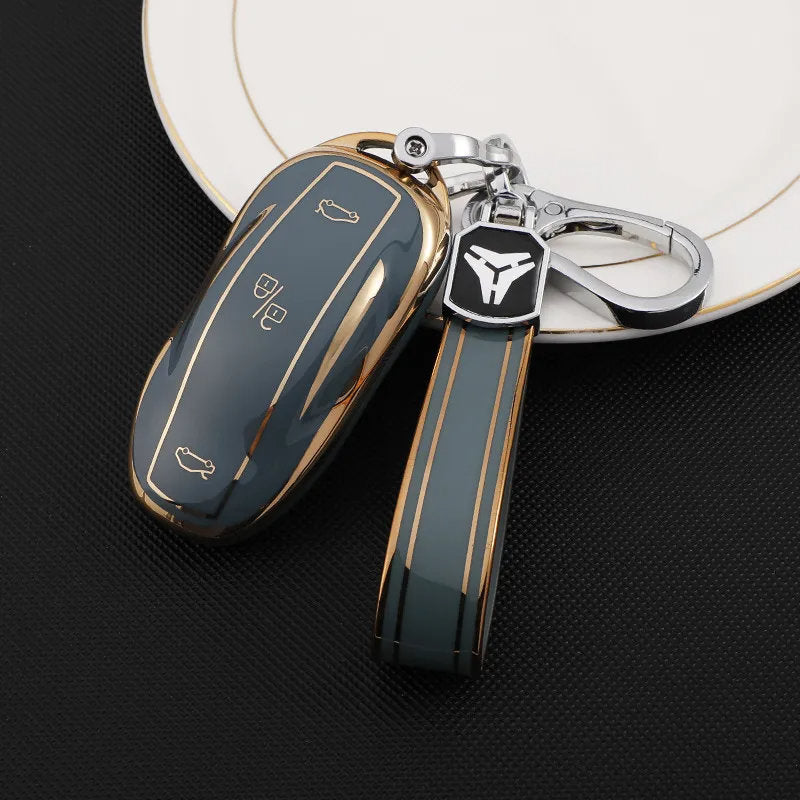 TPU Key Fob Cover for Tesla Model 3/Y/X/S – Full Protection, Fashionable Gold-Rimmed Design