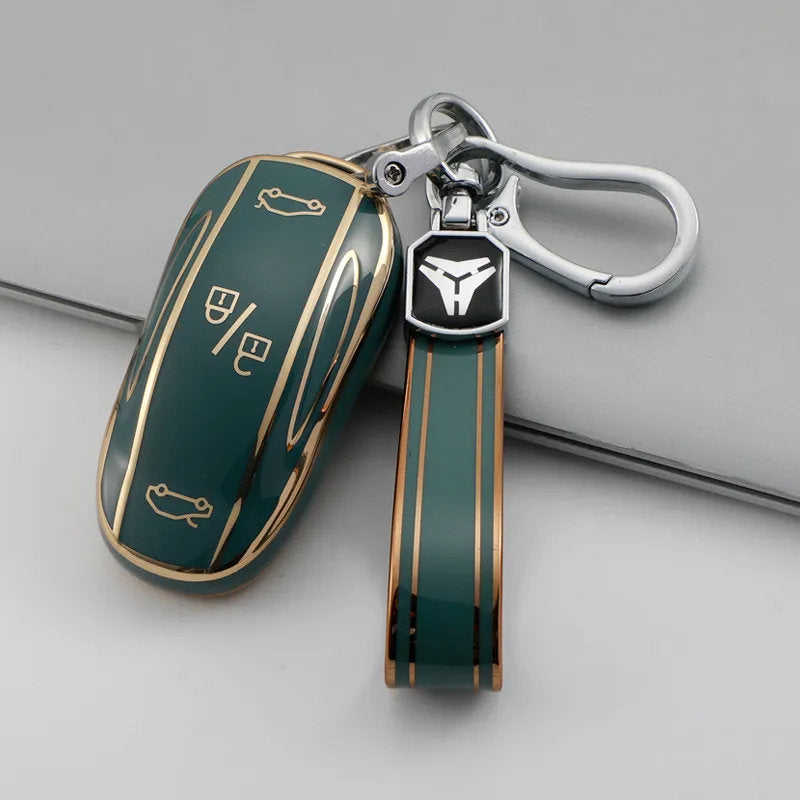 TPU Key Fob Cover for Tesla Model 3/Y/X/S – Full Protection, Fashionable Gold-Rimmed Design