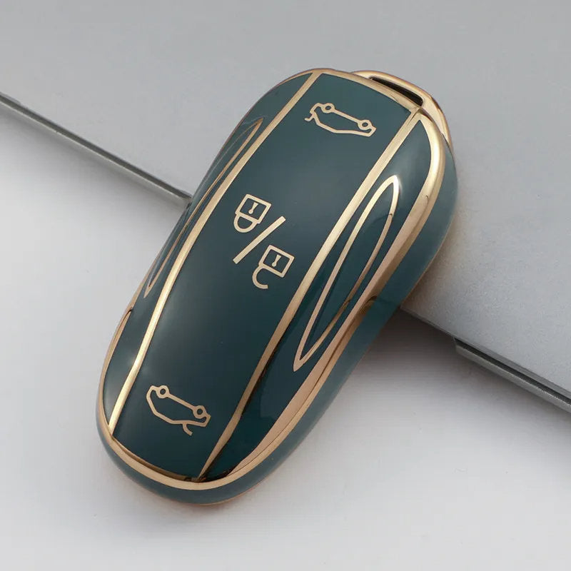 TPU Key Fob Cover for Tesla Model 3/Y/X/S – Full Protection, Fashionable Gold-Rimmed Design