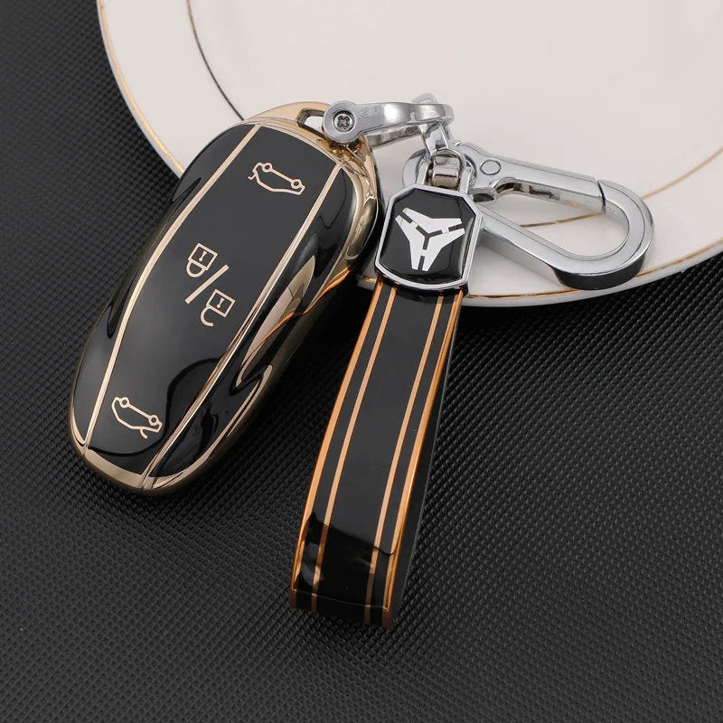 TPU Key Fob Cover for Tesla Model 3/Y/X/S – Full Protection, Fashionable Gold-Rimmed Design