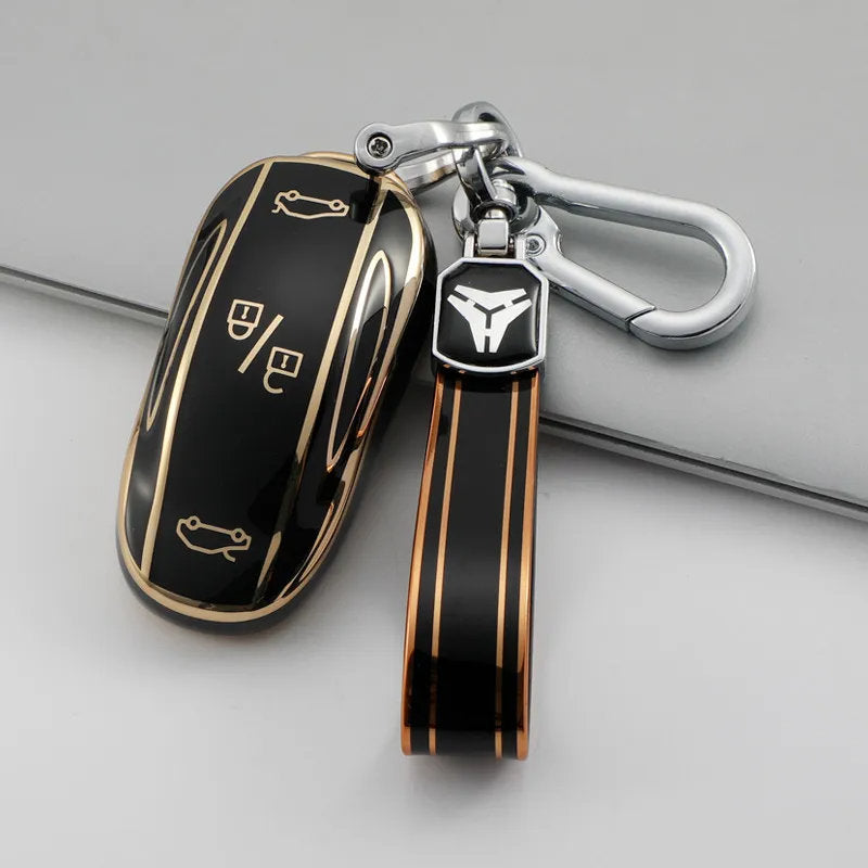 TPU Key Fob Cover for Tesla Model 3/Y/X/S – Full Protection, Fashionable Gold-Rimmed Design