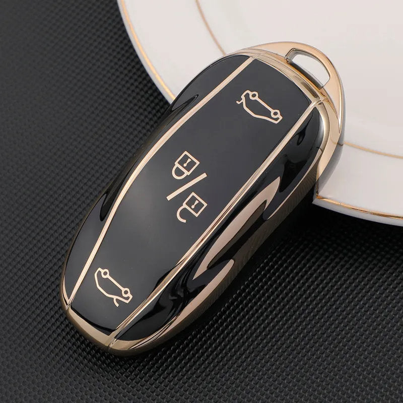 TPU Key Fob Cover for Tesla Model 3/Y/X/S – Full Protection, Fashionable Gold-Rimmed Design