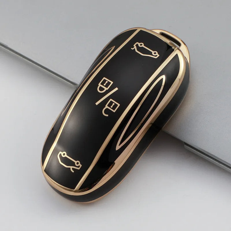 TPU Key Fob Cover for Tesla Model 3/Y/X/S – Full Protection, Fashionable Gold-Rimmed Design