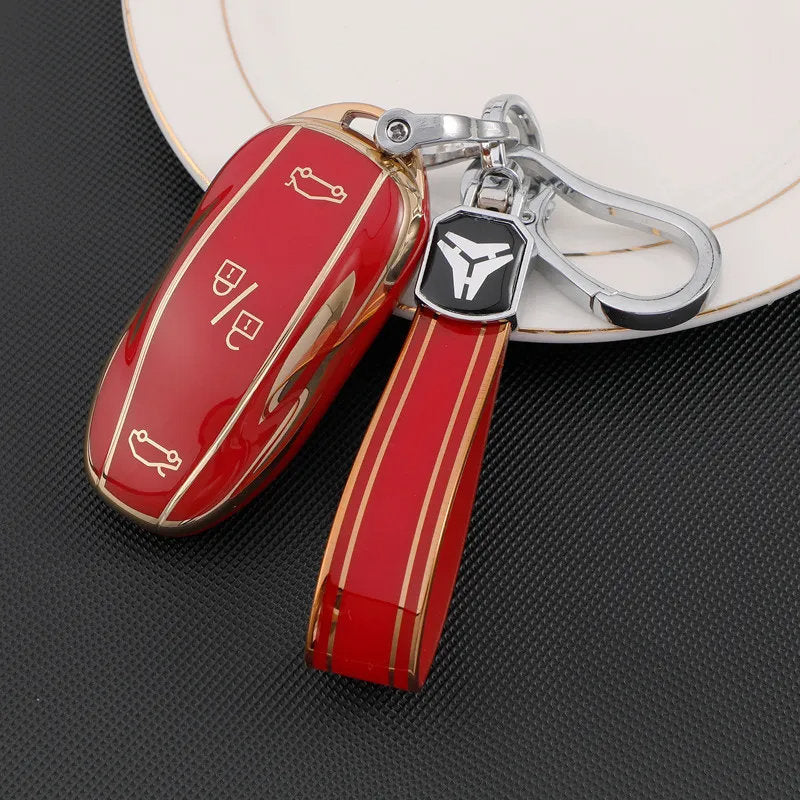 TPU Key Fob Cover for Tesla Model 3/Y/X/S – Full Protection, Fashionable Gold-Rimmed Design