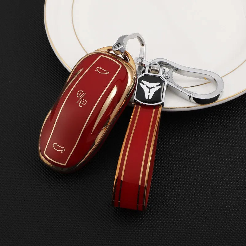 TPU Key Fob Cover for Tesla Model 3/Y/X/S – Full Protection, Fashionable Gold-Rimmed Design