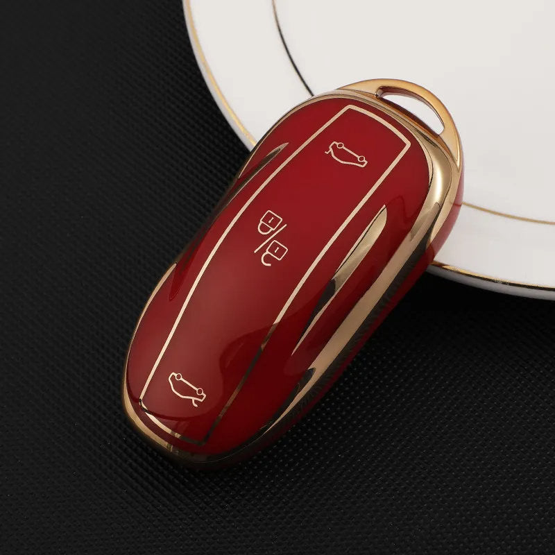 TPU Key Fob Cover for Tesla Model 3/Y/X/S – Full Protection, Fashionable Gold-Rimmed Design