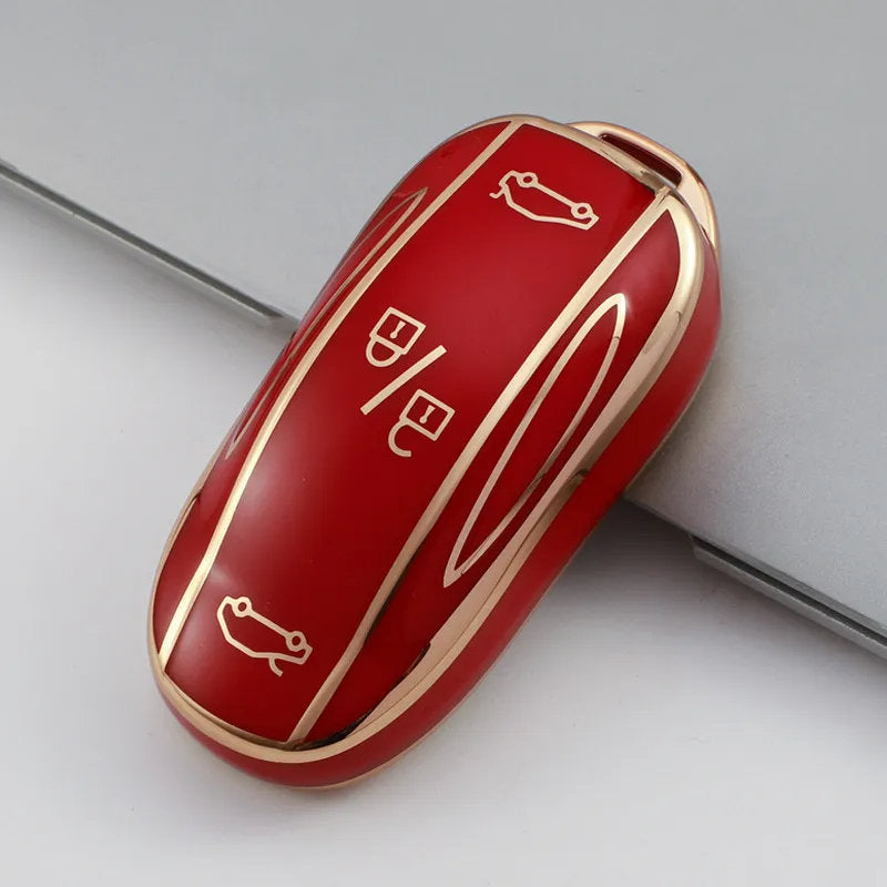 TPU Key Fob Cover for Tesla Model 3/Y/X/S – Full Protection, Fashionable Gold-Rimmed Design