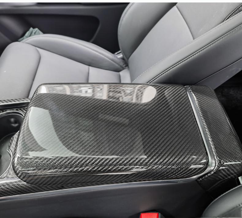 Armrest Box Dry Carbon Fiber Overlay for Tesla Model S/X 2021+