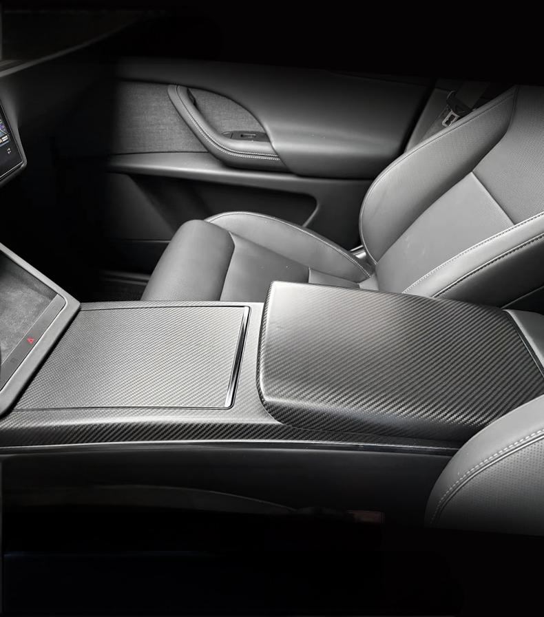 Armrest Box Dry Carbon Fiber Overlay for Tesla Model S/X 2021+