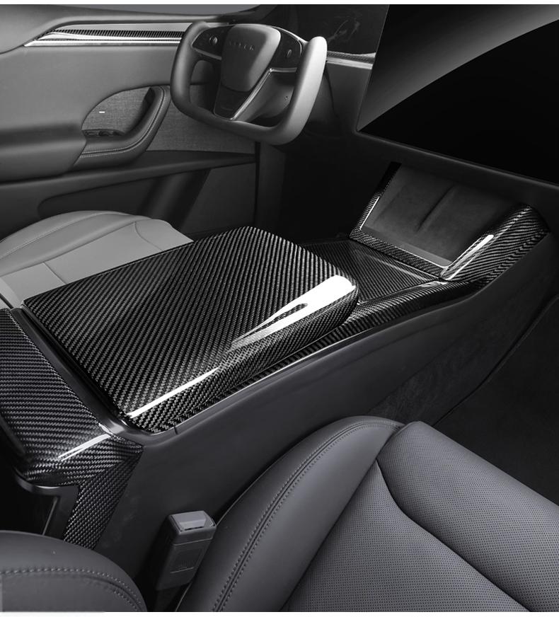Armrest Box Dry Carbon Fiber Overlay for Tesla Model S/X 2021+