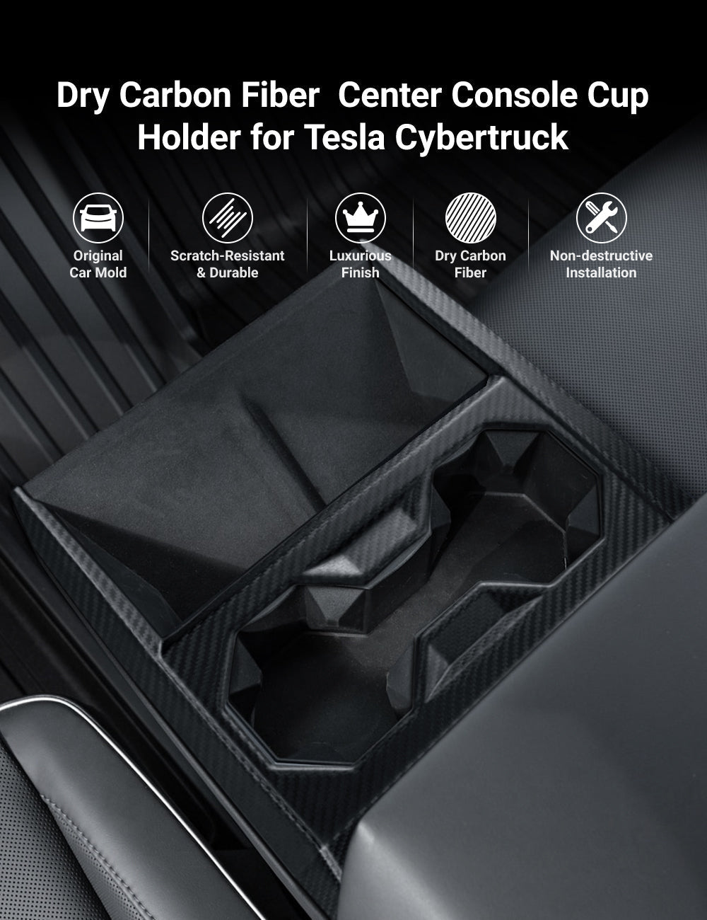 Dry Carbon Fiber Center Console Cup Holder for Tesla Cybertruck