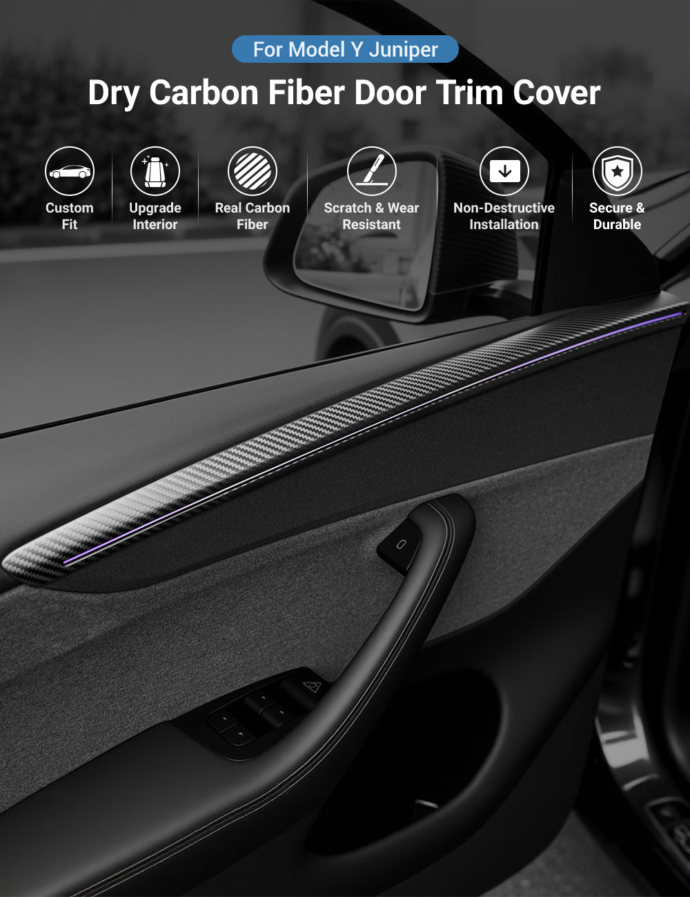 Dry Carbon Fiber Door Trim Cover for Tesla Model Y Juniper