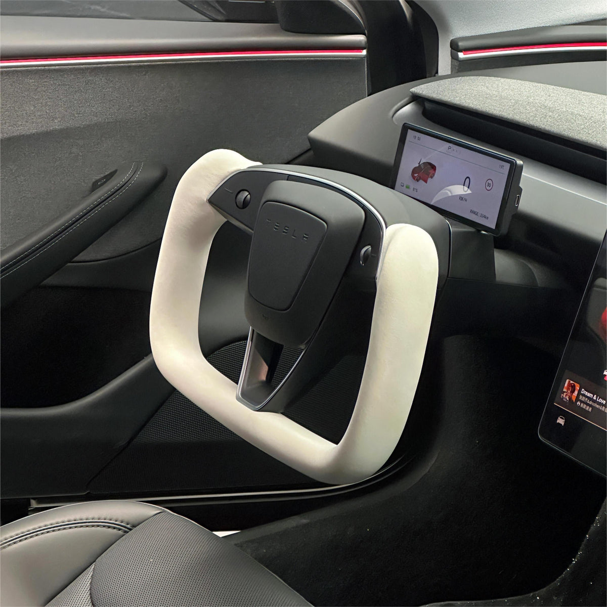Juniper Yoke Plaid Steering Wheel for Model 3 Highland & Model Y（White Leather）