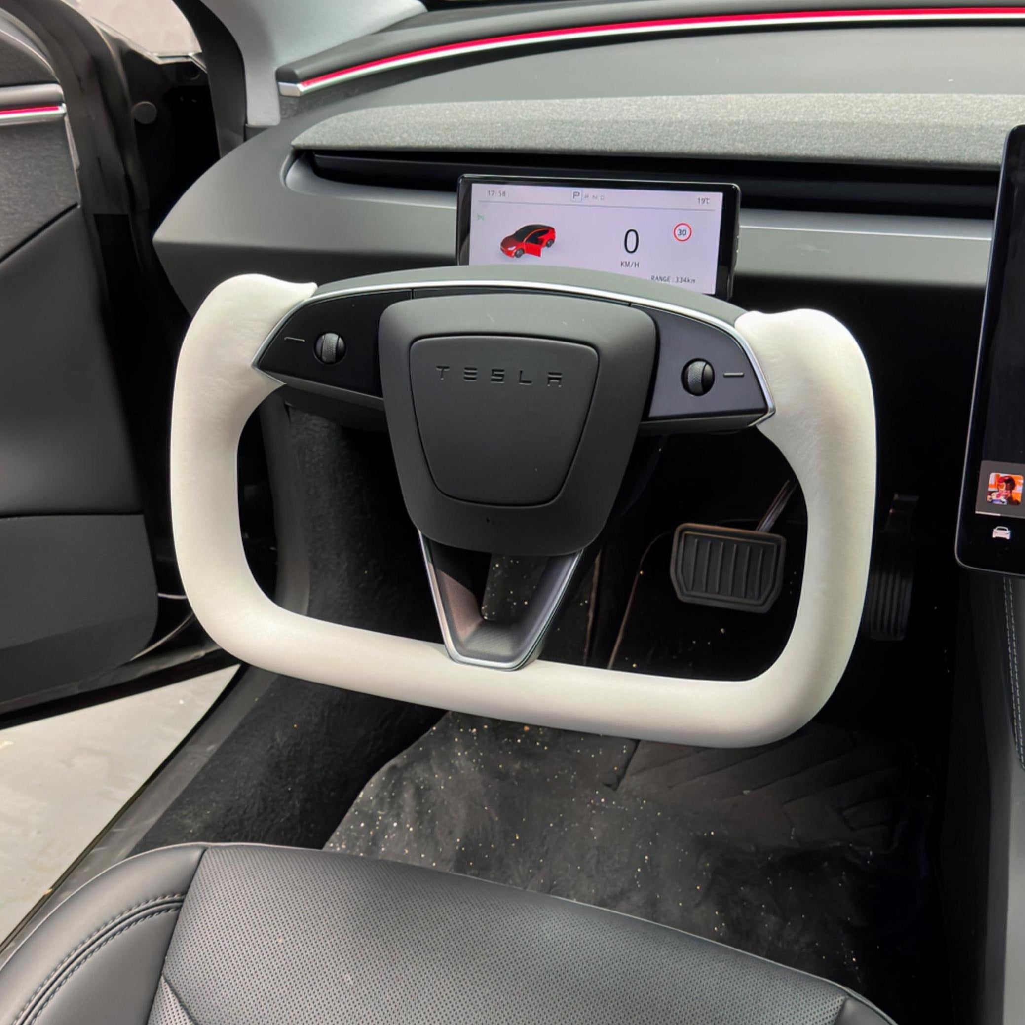 Juniper Yoke Plaid Steering Wheel for Model 3 Highland & Model Y（White Leather）