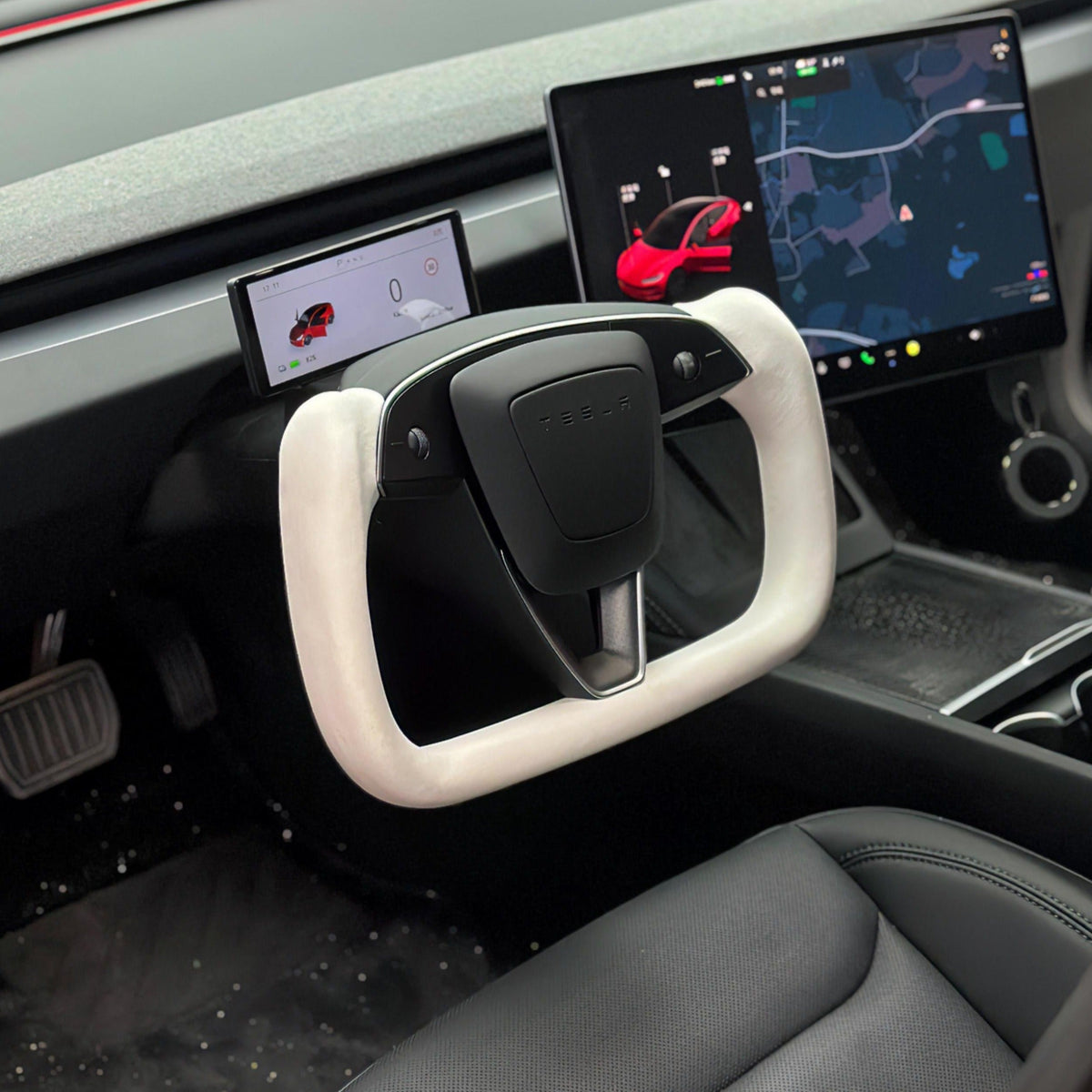 Juniper Yoke Plaid Steering Wheel for Model 3 Highland & Model Y（White Leather）