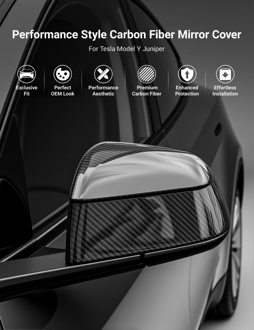 Tesla Model Y Juniper Dry Carbon Fiber Side Mirror Covers (OEM Style)
