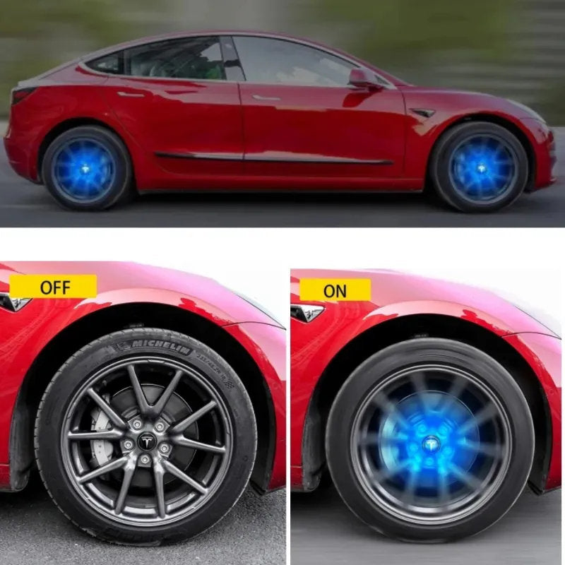 LED Wheel Light Covers for Tesla Center Caps - Compatible with Model S/3/X/Y (Set of 4) - Kinetic Lighting for Enhanced Safety and Style