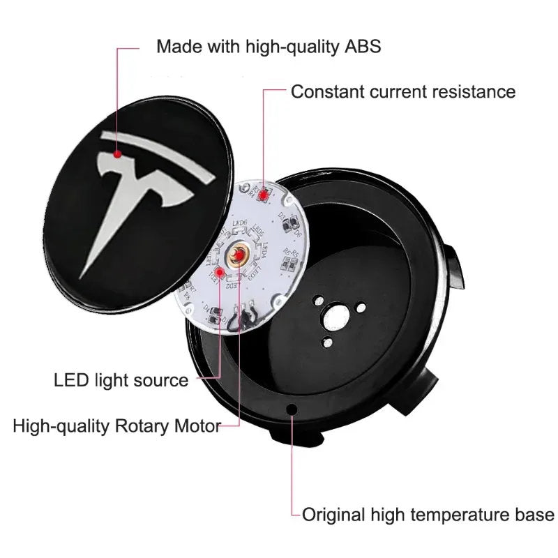 LED Wheel Light Covers for Tesla Center Caps - Compatible with Model S/3/X/Y (Set of 4) - Kinetic Lighting for Enhanced Safety and Style
