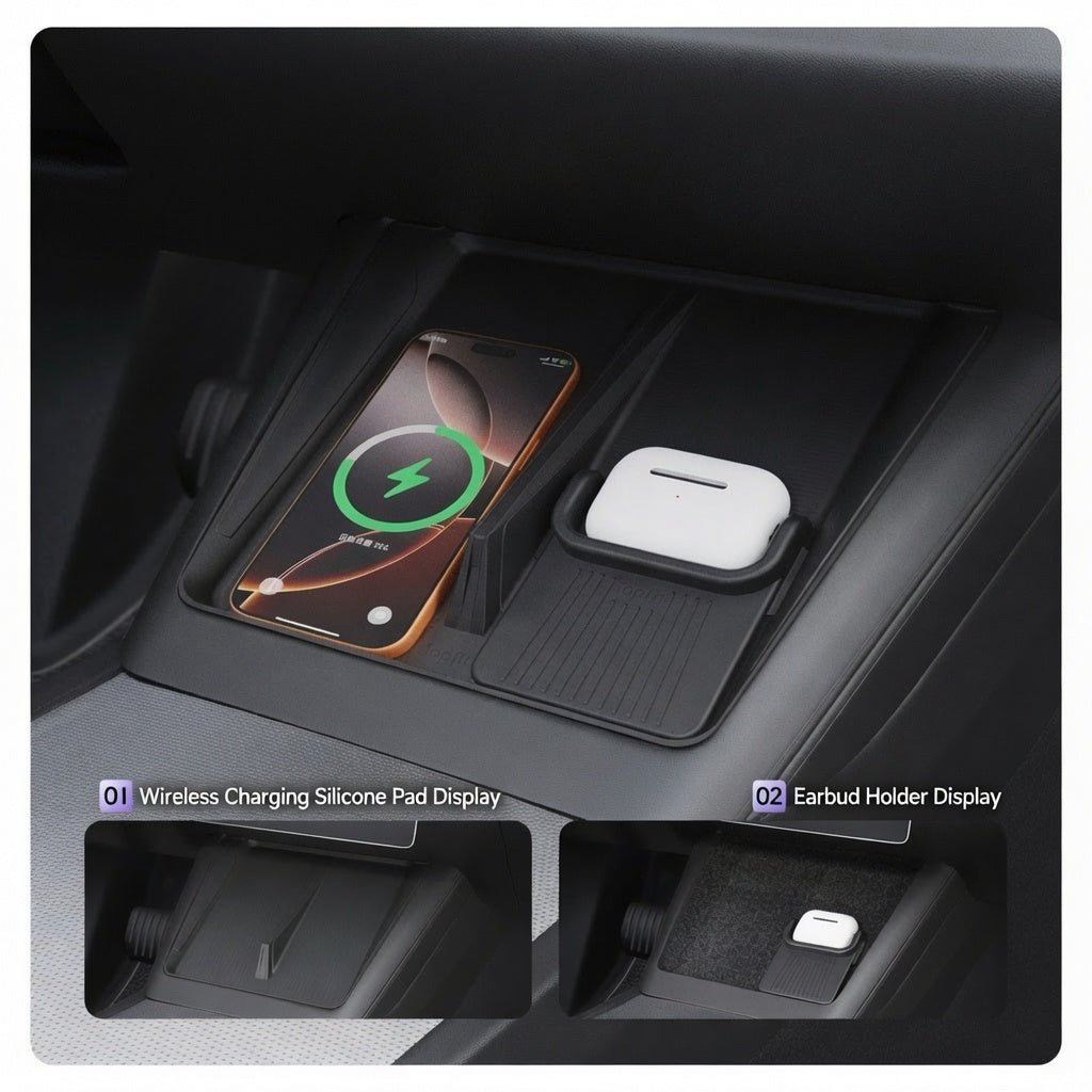 Wireless Charger Silicone Pad & Headphone Anti-Slip Mat Combo for Model Y Juniper 2025+